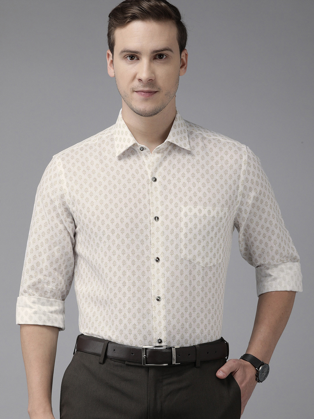 

Arrow Men Cream-Coloured & Brown Slim Fit Printed Formal Shirt