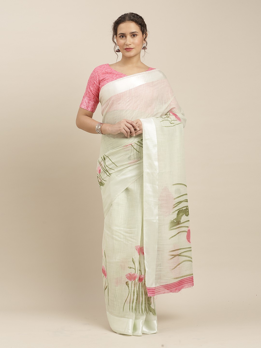 

Kvsfab Green & Pink Floral Linen Blend Saree