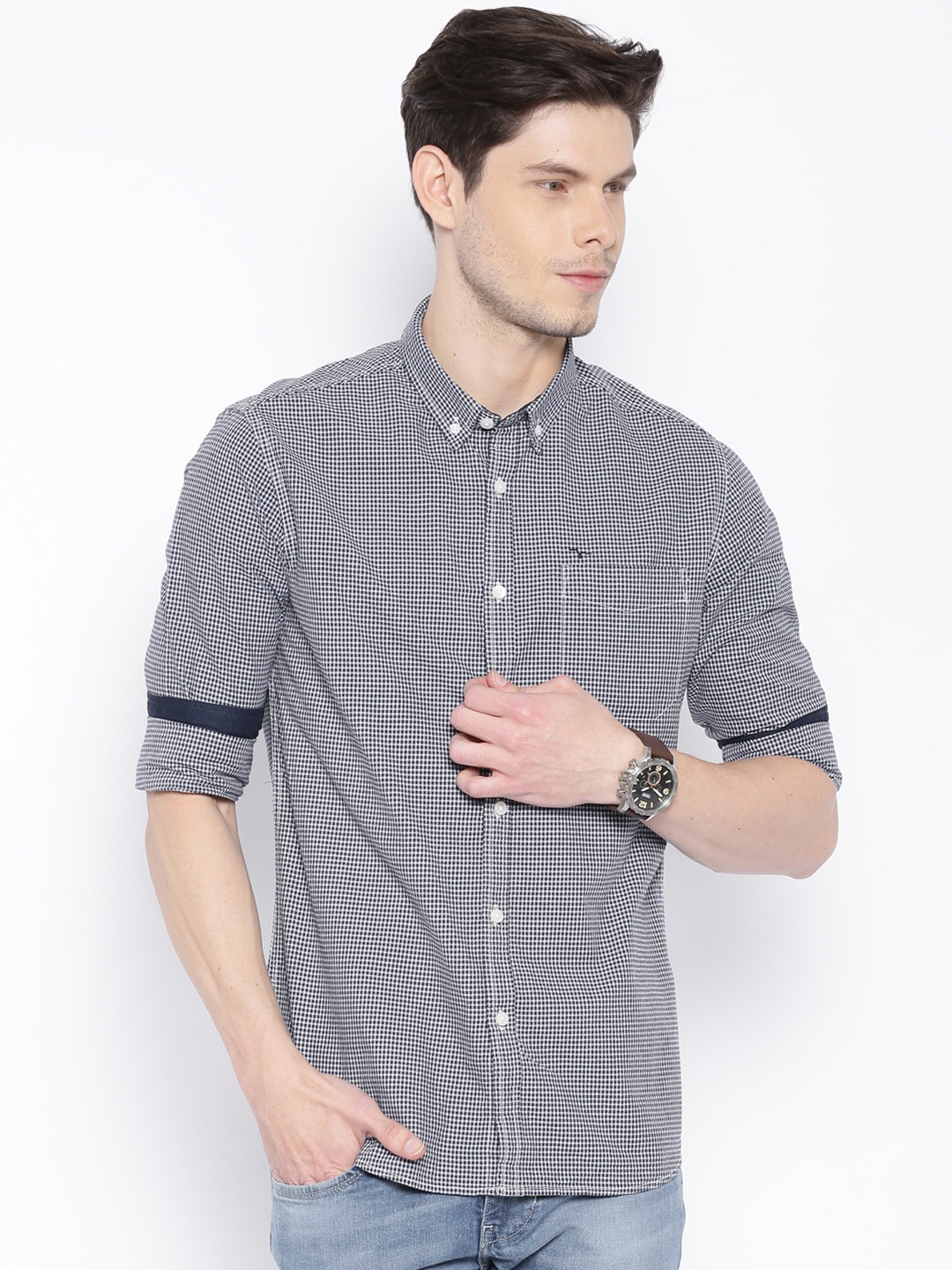 

Flying Machine Men Navy & White Checked Casual Shirt, Navy blue