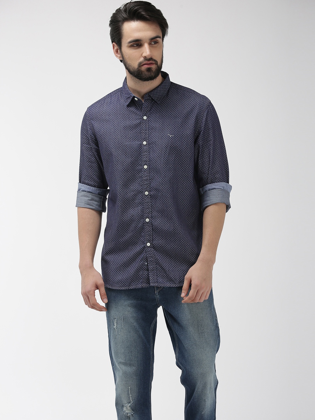 

Flying Machine Men Navy Printed Casual Shirt, Navy blue