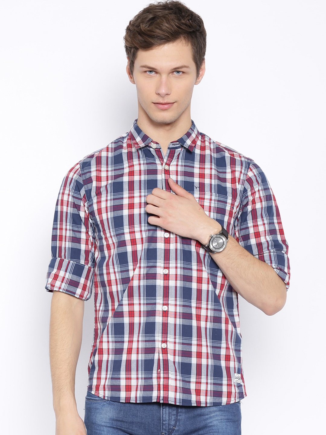 

Flying Machine Men Navy & Red Checked Casual Shirt, Navy blue