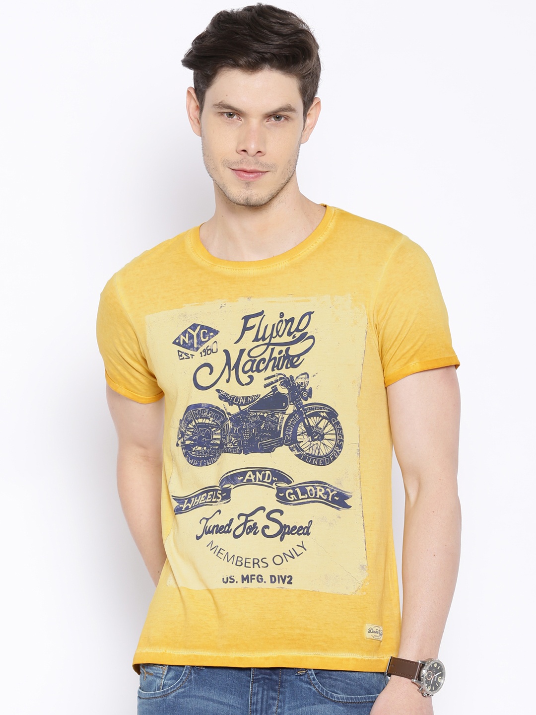 

Flying Machine Men Mustard Yellow Printed Pure Cotton T-shirt
