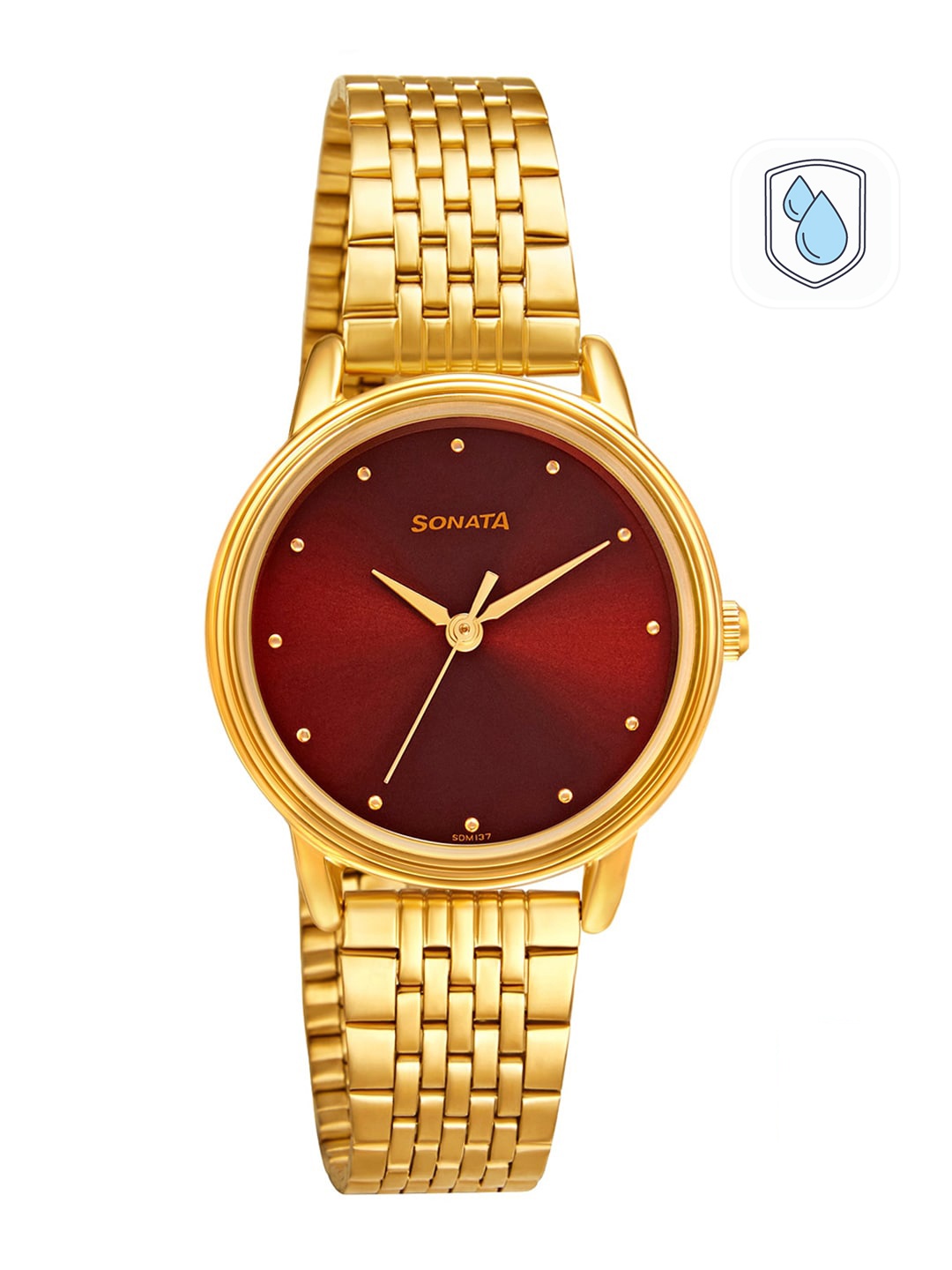 

Sonata Women Red Brass Embellished Dial & Gold Toned Stainless Steel Bracelet Style Straps Analogue Watch