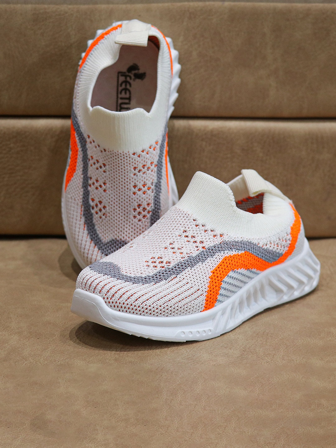 

FEETWELL SHOES Kids White & Orange Colourblocked Slip-On Sneakers
