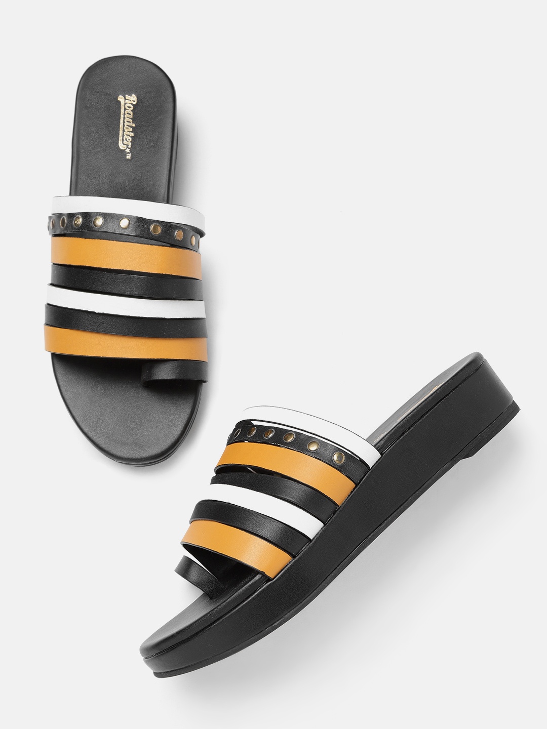 

Roadster Women Mustard Yellow & Black Striped Strappy One Toe Flats
