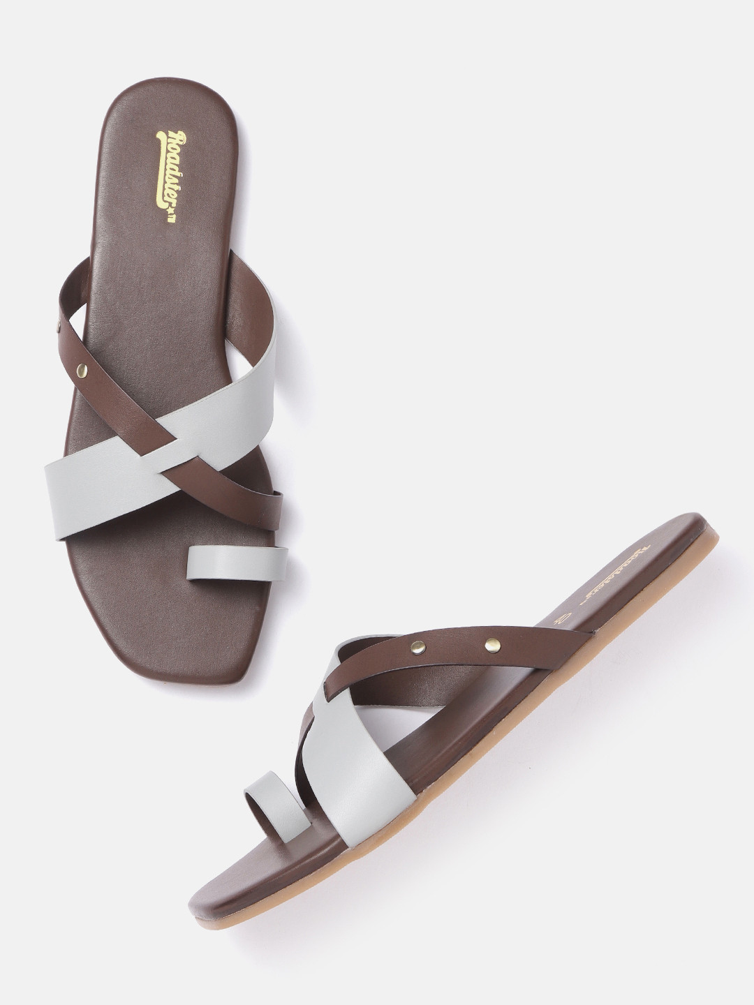 

Roadster Women Grey & Coffee Brown Colourblocked One Toe Flats
