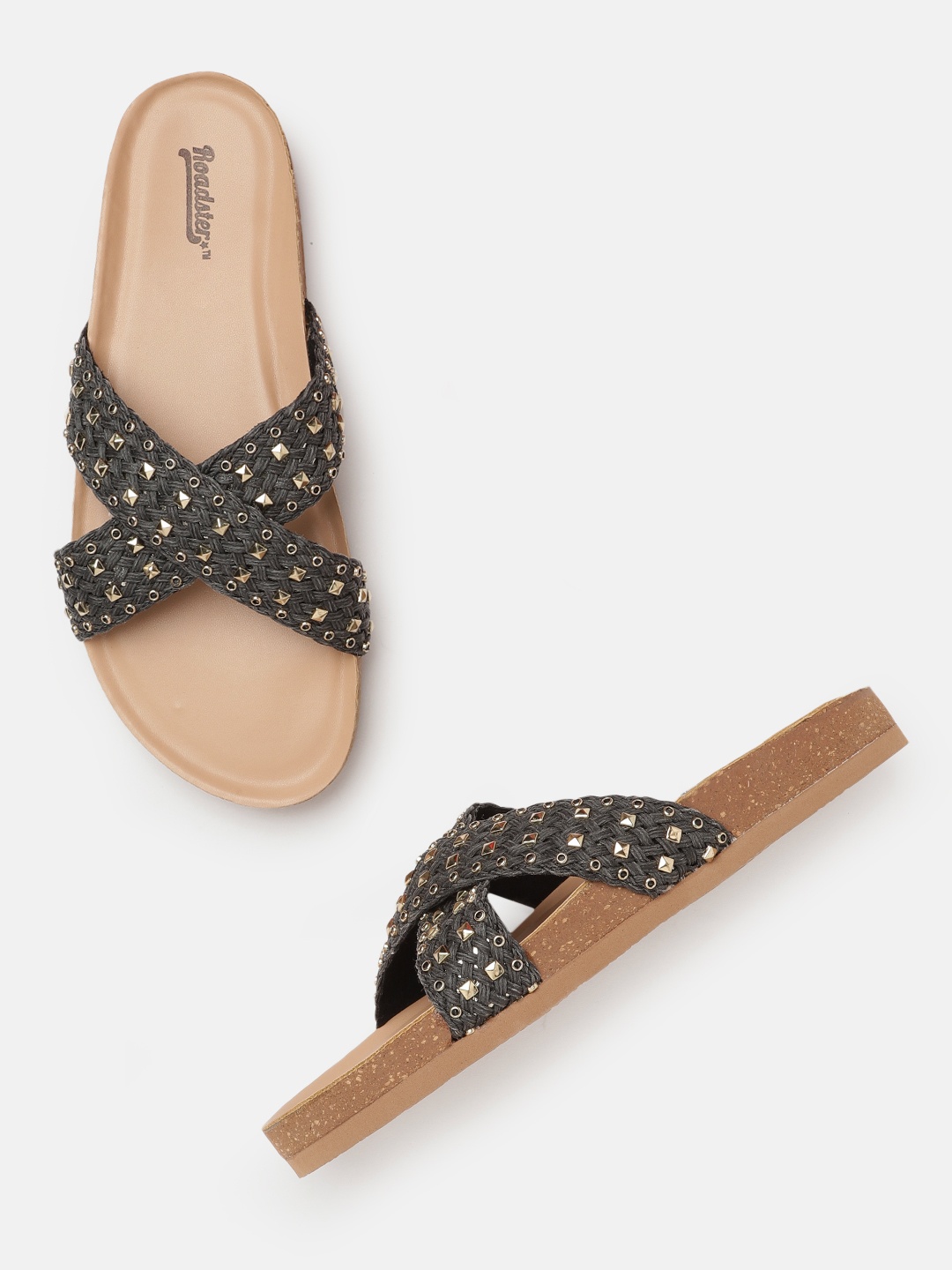 

Roadster Women Charcoal Grey & Gold-Toned Basketweave Open Toe Flats with Studded Detail
