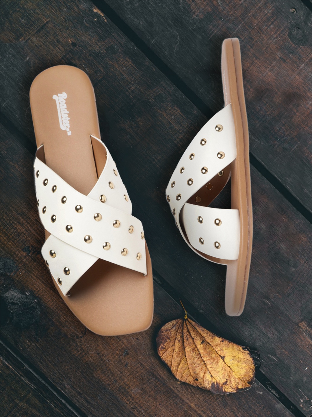 

Roadster Women White & Gold-Toned Studded Open Toe Flats
