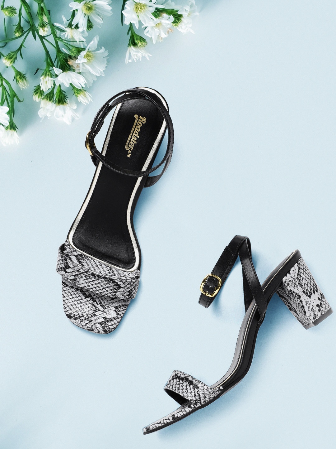 

Roadster Black & Grey Snakeskin Print Block Heels