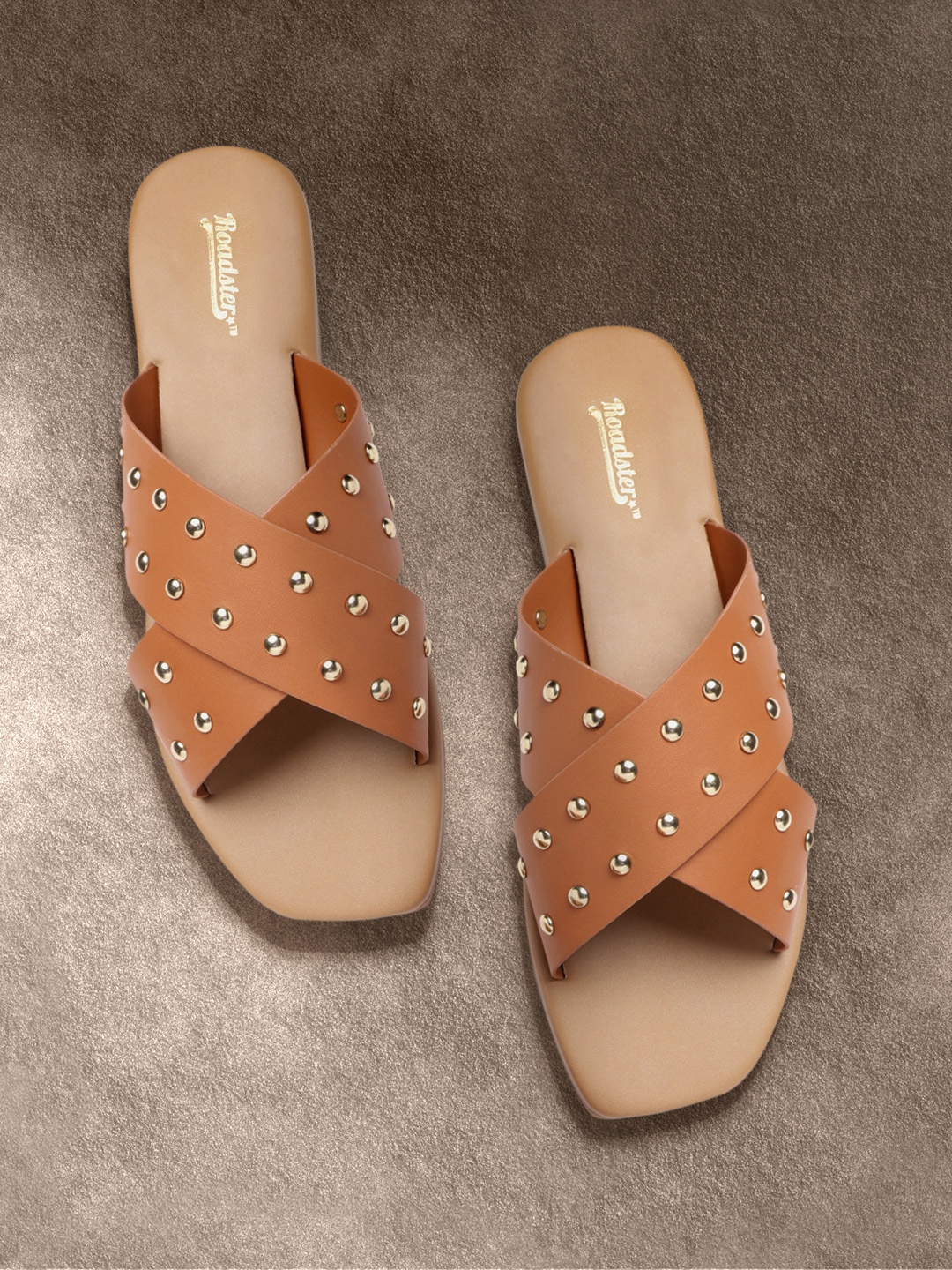 

Roadster Women Tan Brown & Gold-Toned Studded Open Toe Flats