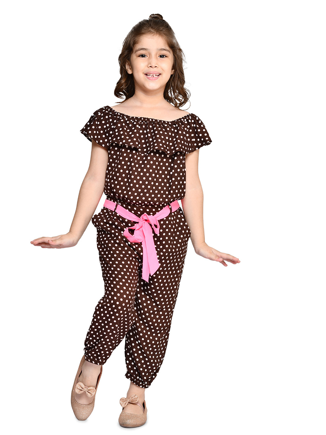 

LilPicks Girls Brown & White Printed Basic Jumpsuit
