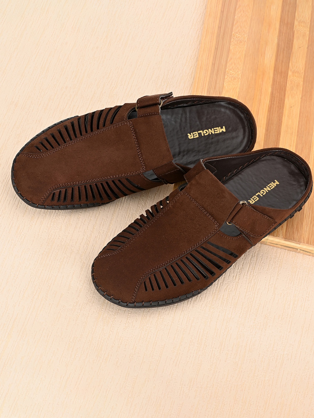 

MENGLER Men Brown Suede Comfort Sandals