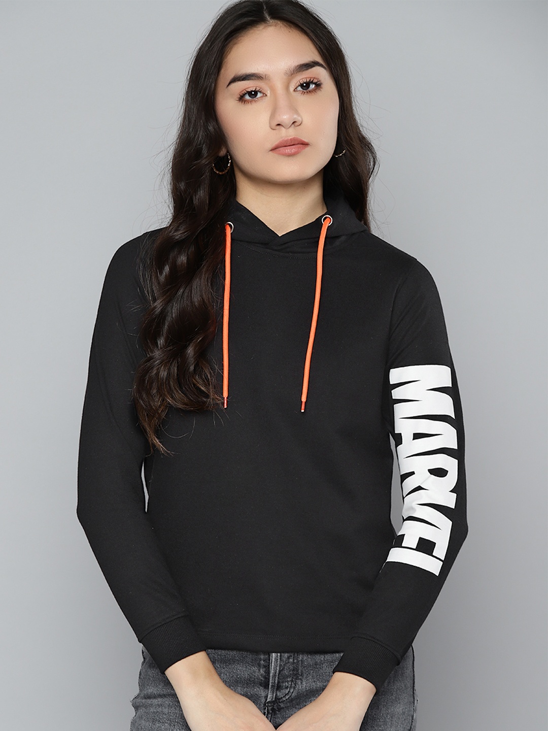 

Kook N Keech Marvel Women Black Typography Print Hooded Sweatshirt