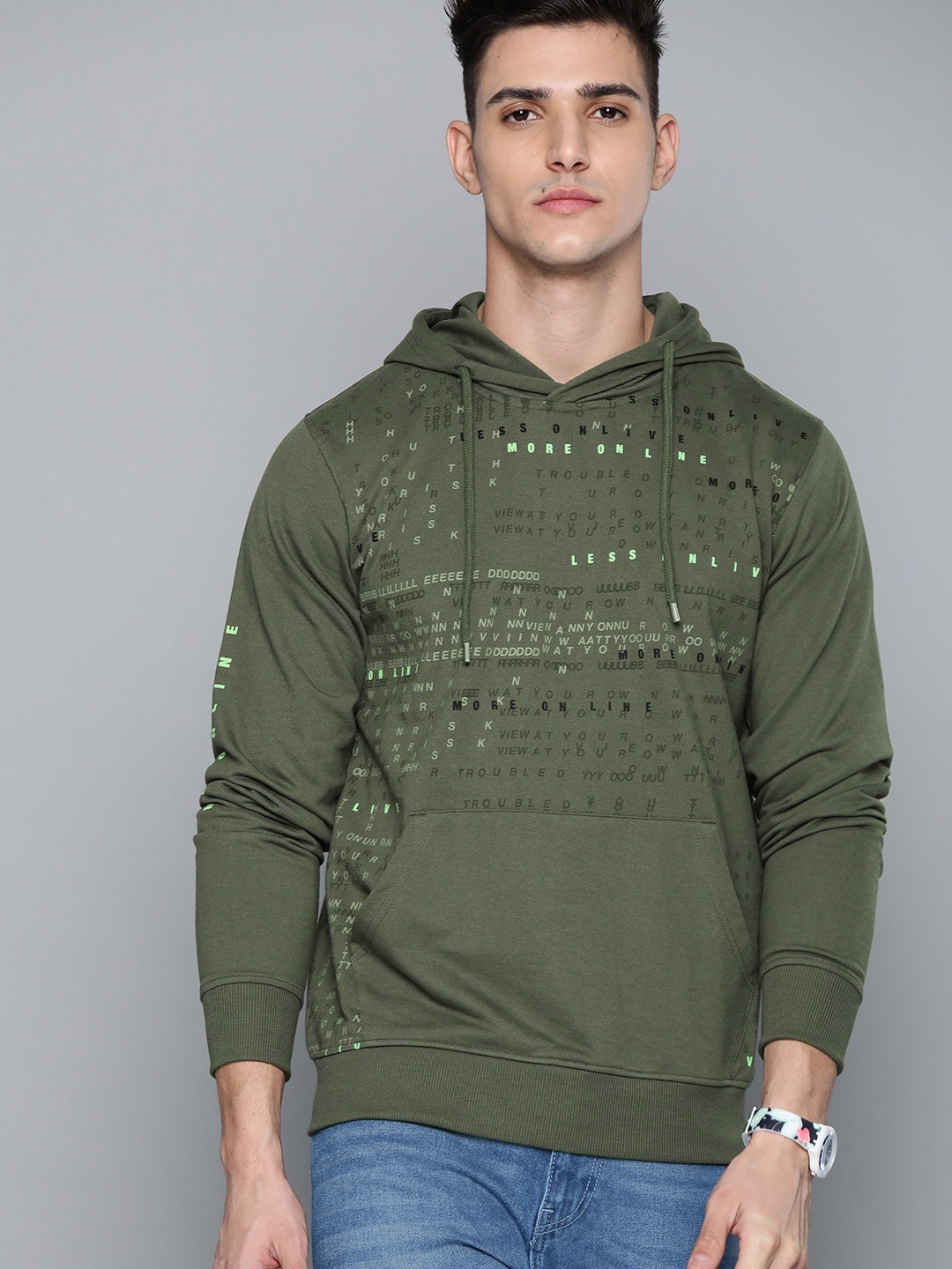 

Kook N Keech Men Olive Green Printed Hooded Sweatshirt