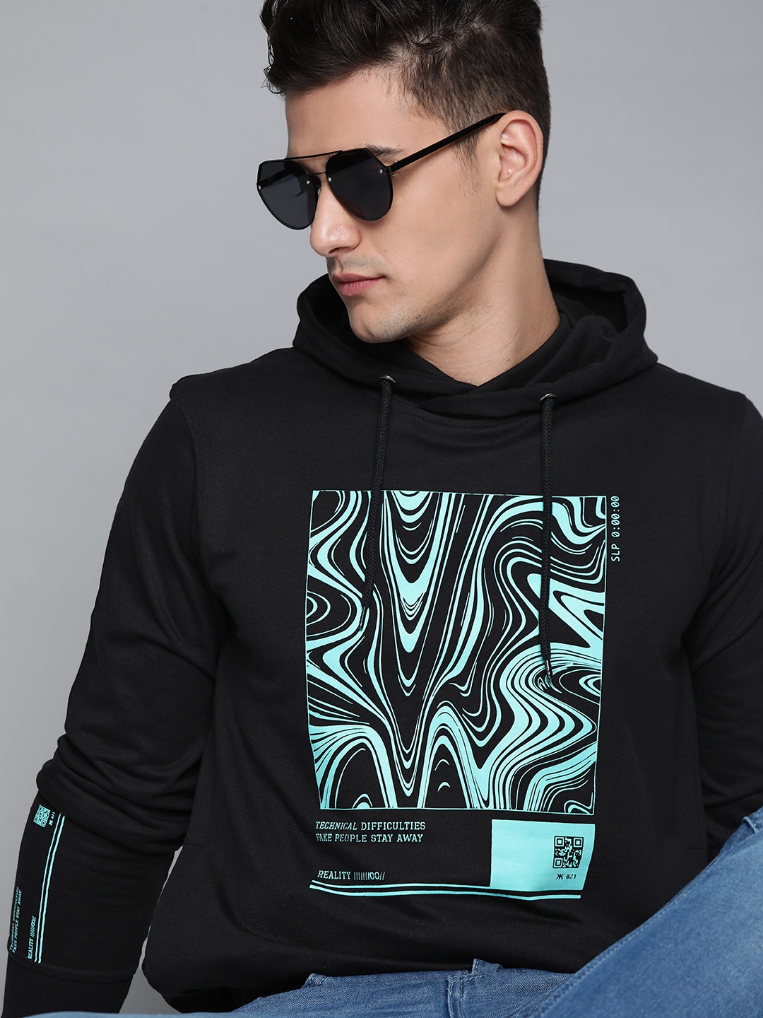 

Kook N Keech Men Black & Blue Printed Hooded Sweatshirt