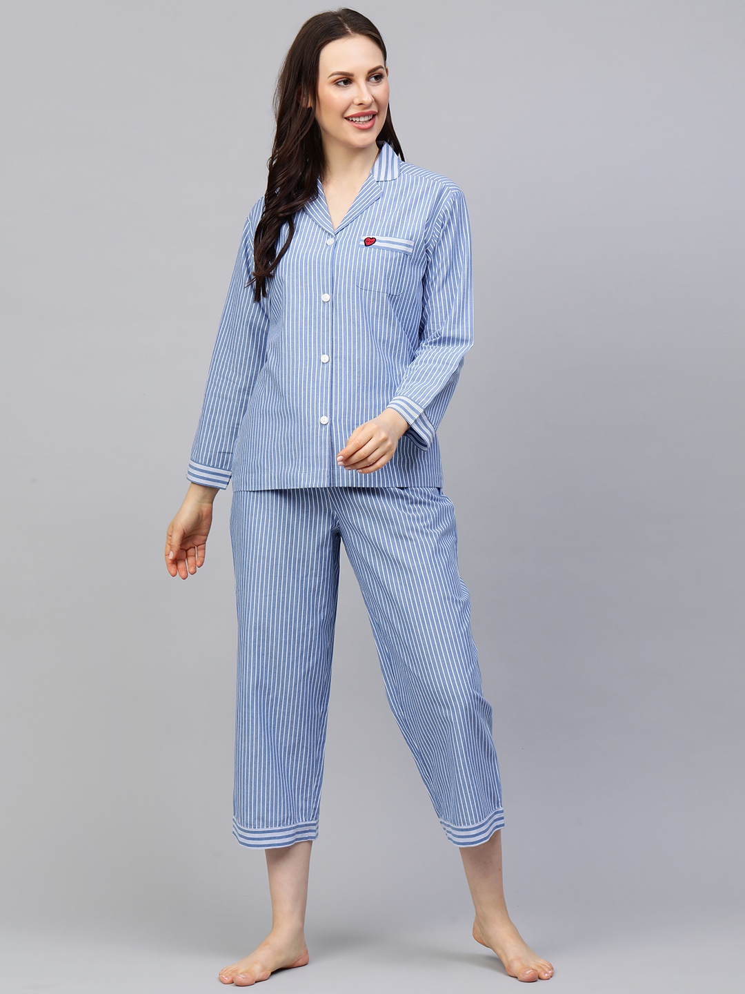 

Chemistry Women Blue & White Striped Cotton Night Suit