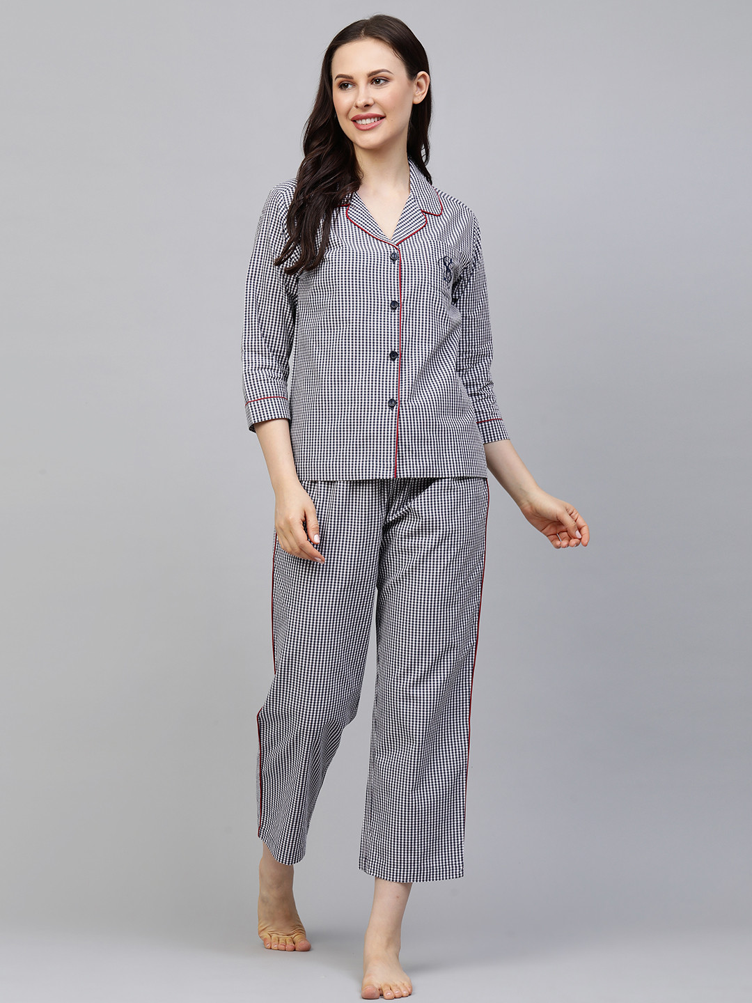 

Chemistry Women White & Navy Blue Checked Night suit