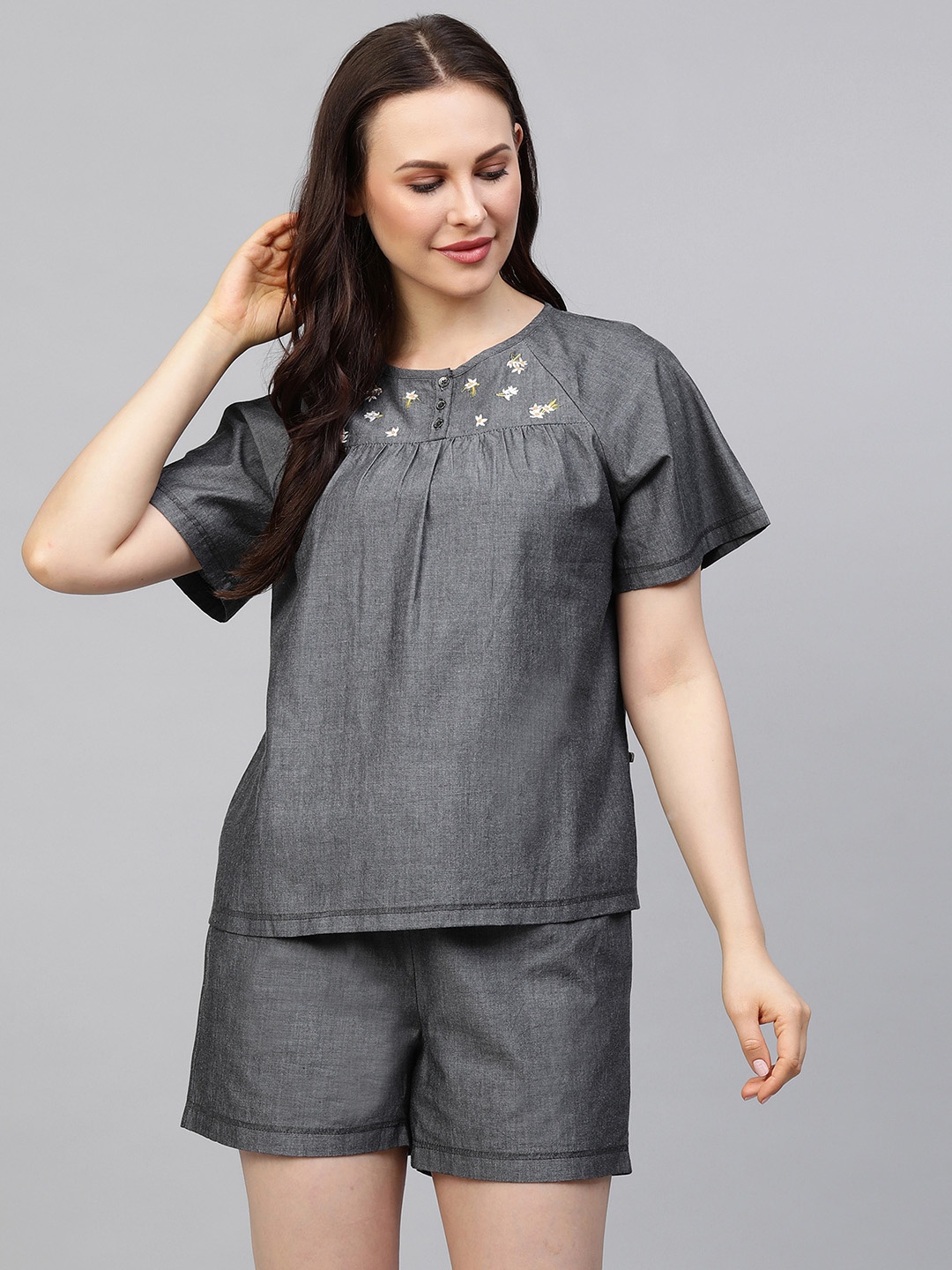 

Chemistry Women Grey Embroidered Night suit