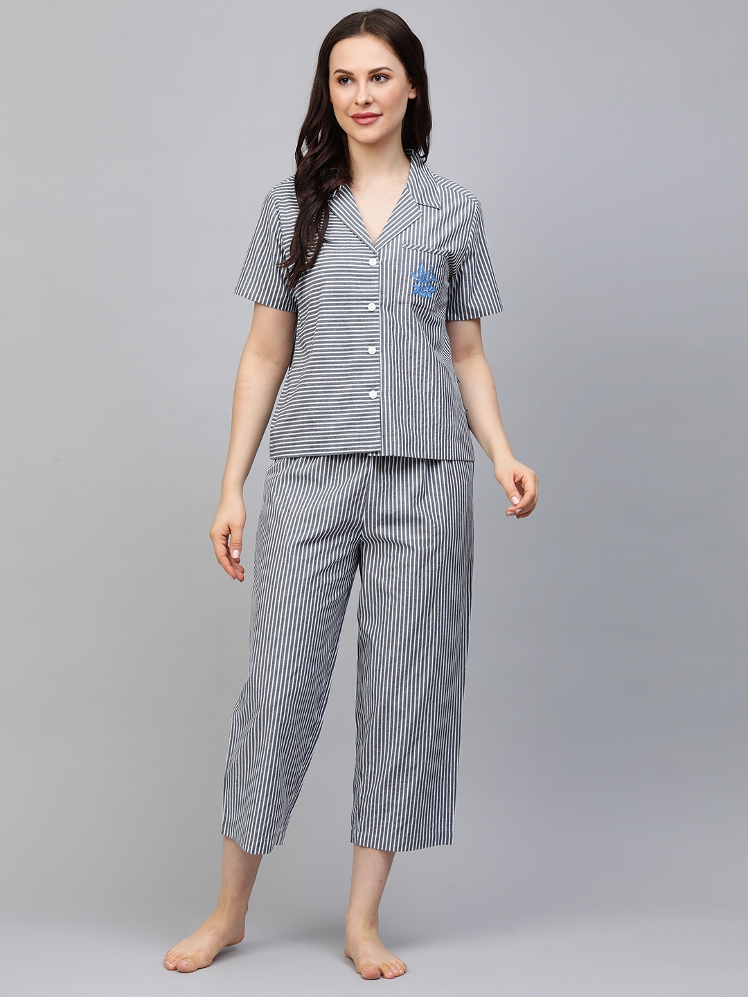 

Chemistry Women White & Grey Striped Night suit