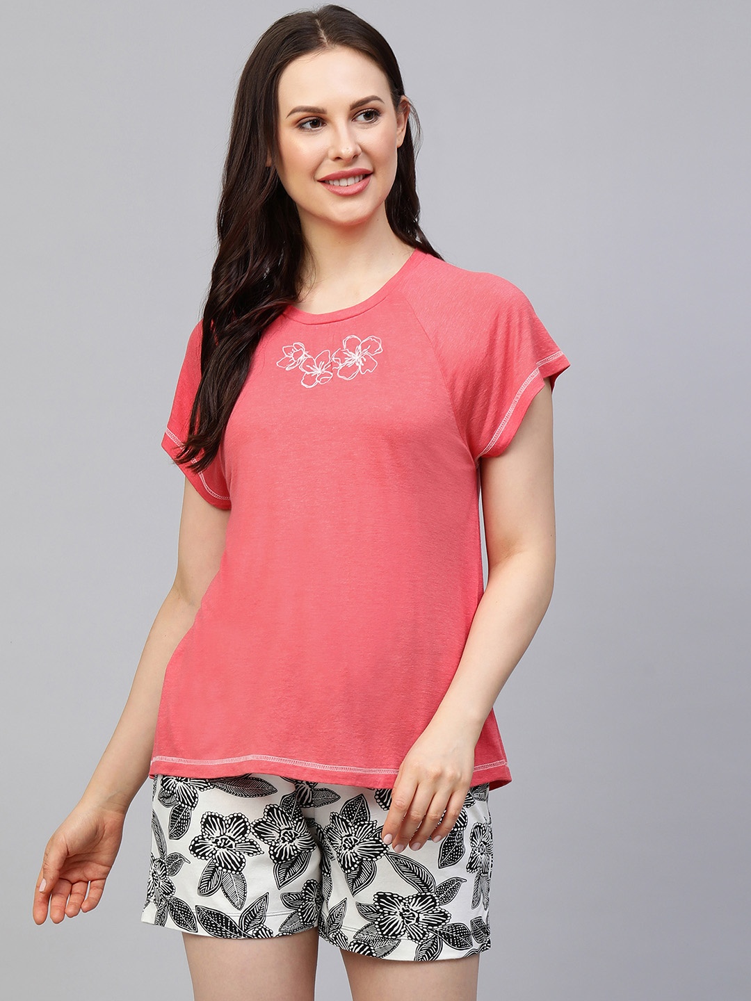 

Chemistry Women Peach-Coloured & White Printed Night Suit