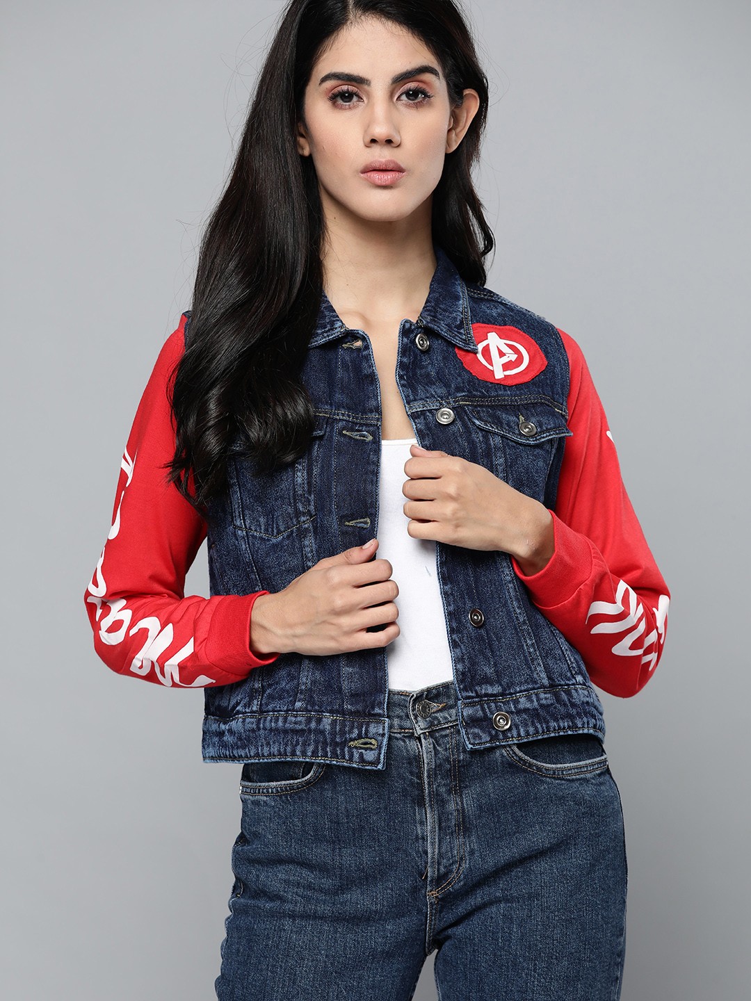 

Kook N Keech Marvel Women Navy Blue & Red Pure Cotton Denim Jacket