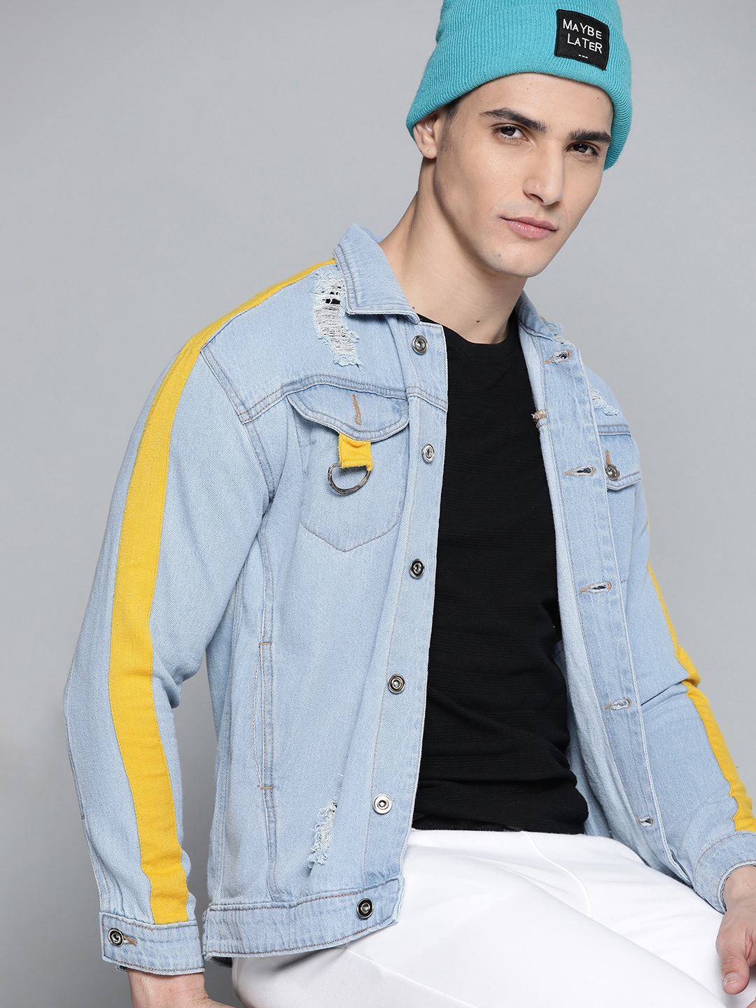 

Kook N Keech Men Blue & Yellow Distressed Denim Jacket