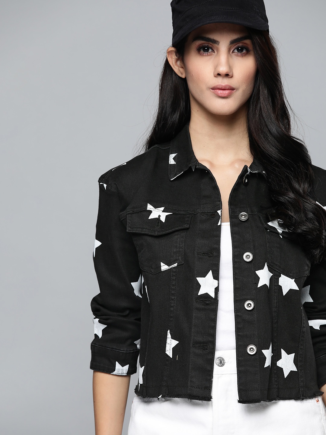 

Kook N Keech Women Black & White Pure Cotton Printed Denim Jacket