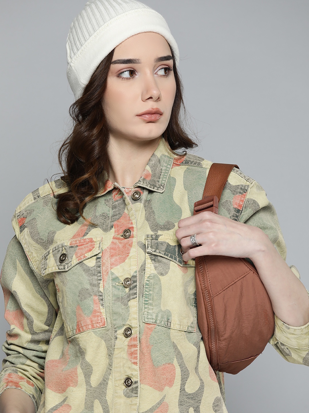 

Kook N Keech Women Khaki & Olive Green Camouflage Print Pure Cotton Denim Jacket