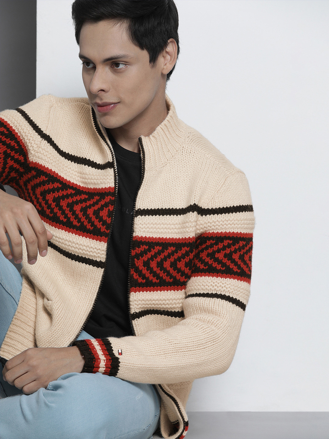 

Tommy Hilfiger Men Cream-Coloured & Black Striped Front-Open Sweater