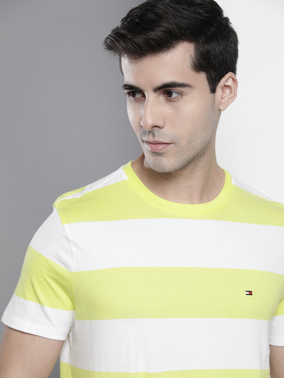 

Tommy Hilfiger Men Yellow & White Striped Pure Cotton Casual T-shirt