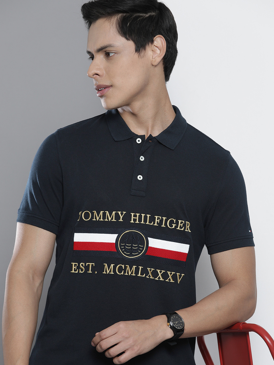 

Tommy Hilfiger Men Navy Blue Brand Logo Embroidered Polo Collar Slim Fit Pure Cotton T-shirt