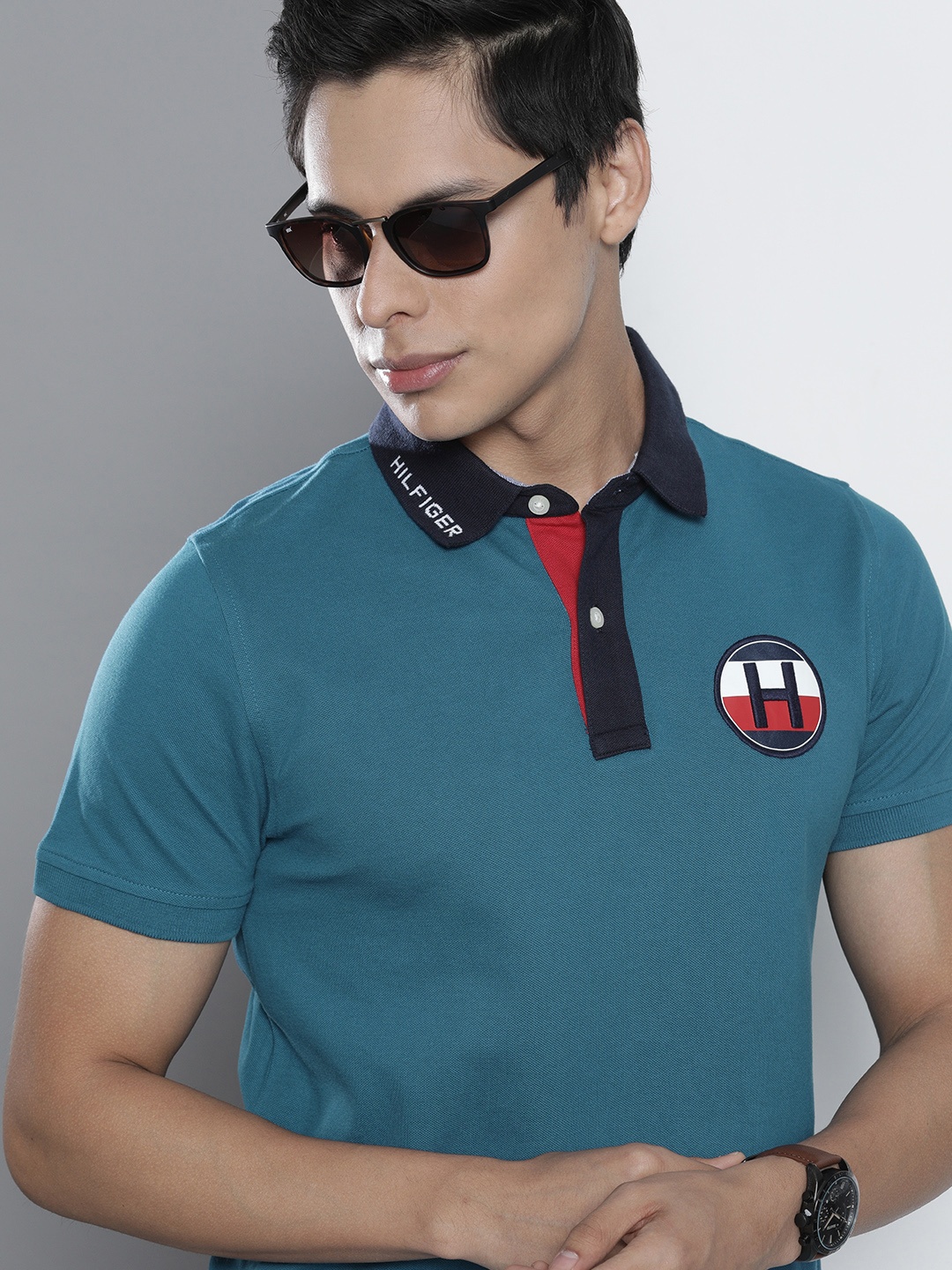 

Tommy Hilfiger Men Teal Blue Polo Collar Applique Slim Fit T-shirt