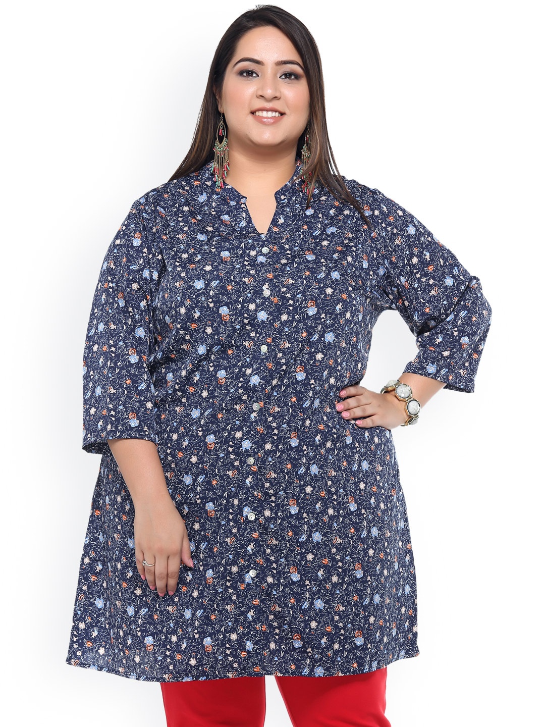 

plusS Navy Floral Print Polyester Tunic, Navy blue