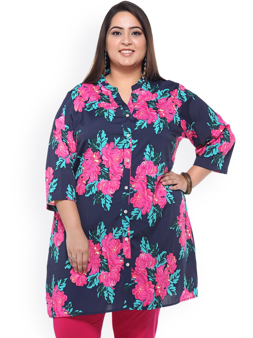 

plusS Navy & Pink Floral Print Polyester Tunic, Navy blue