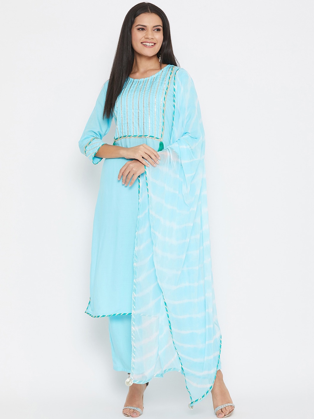 

Prakhya Women Blue Yoke Design Layered Kurta with Salwar & With Dupatta