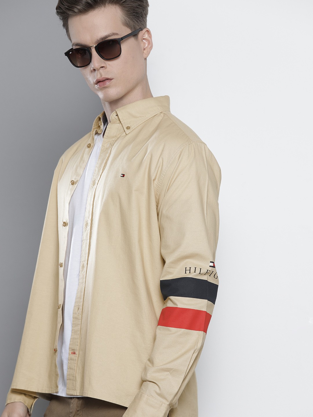 

Tommy Hilfiger Men Beige Casual Shirt with Striped Detail on Sleeves