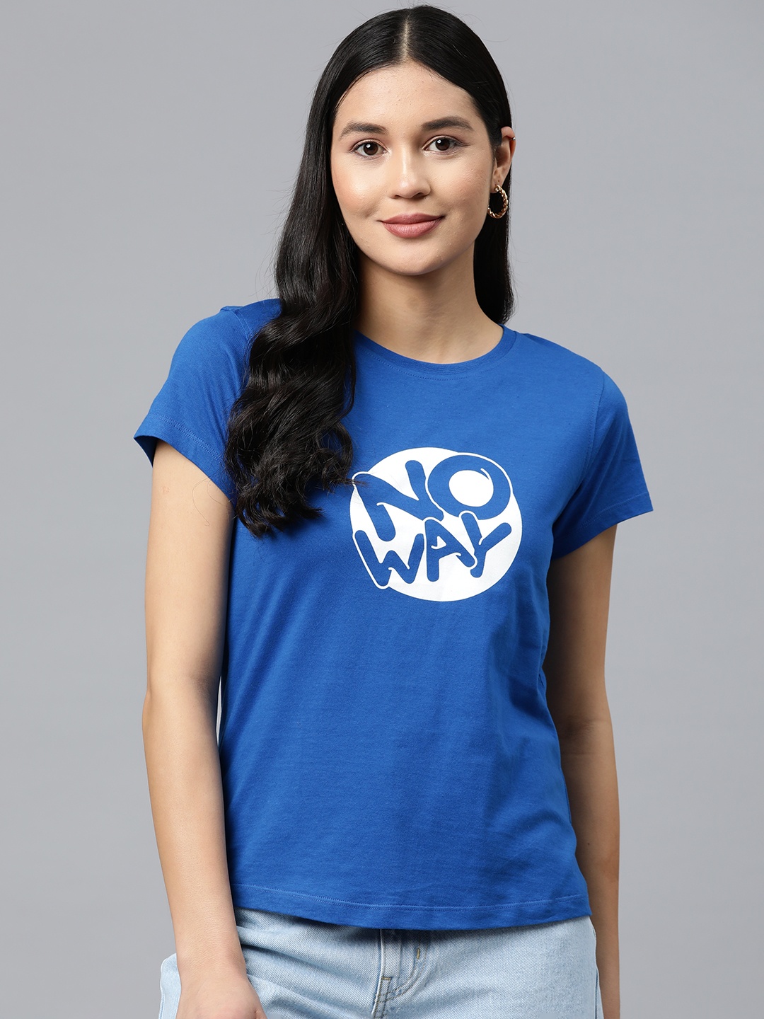 

abof Women Typography Printed Pure Cotton T-shirt, Blue