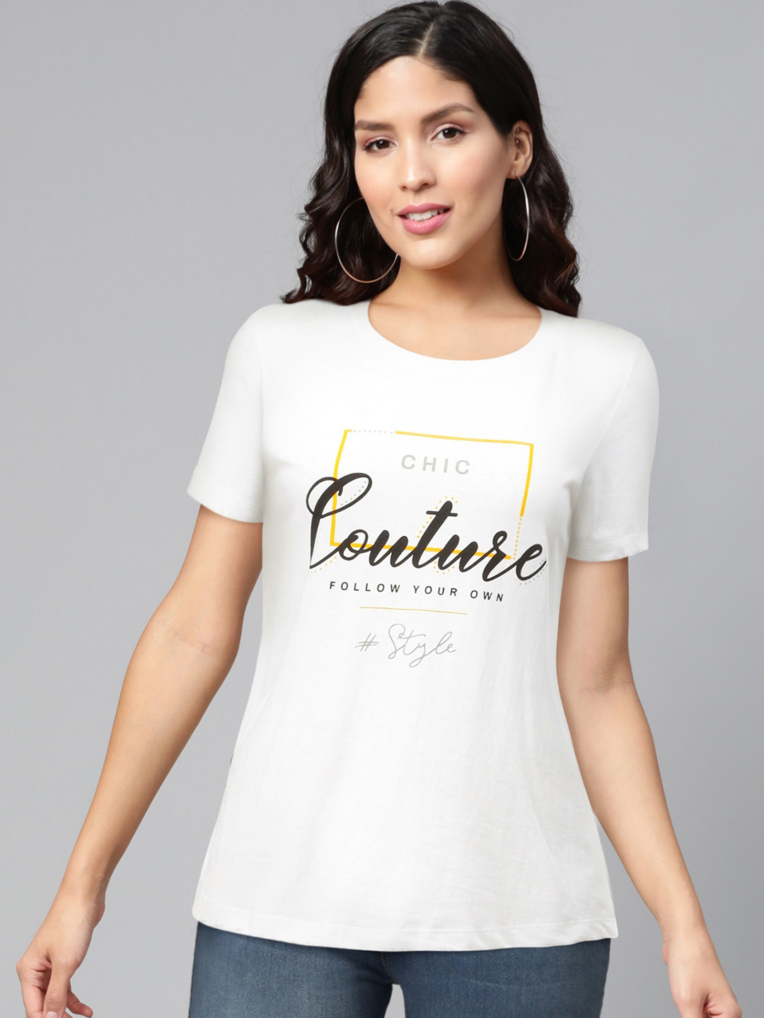 

abof Women White Typography Printed Pure Cotton T-shirt