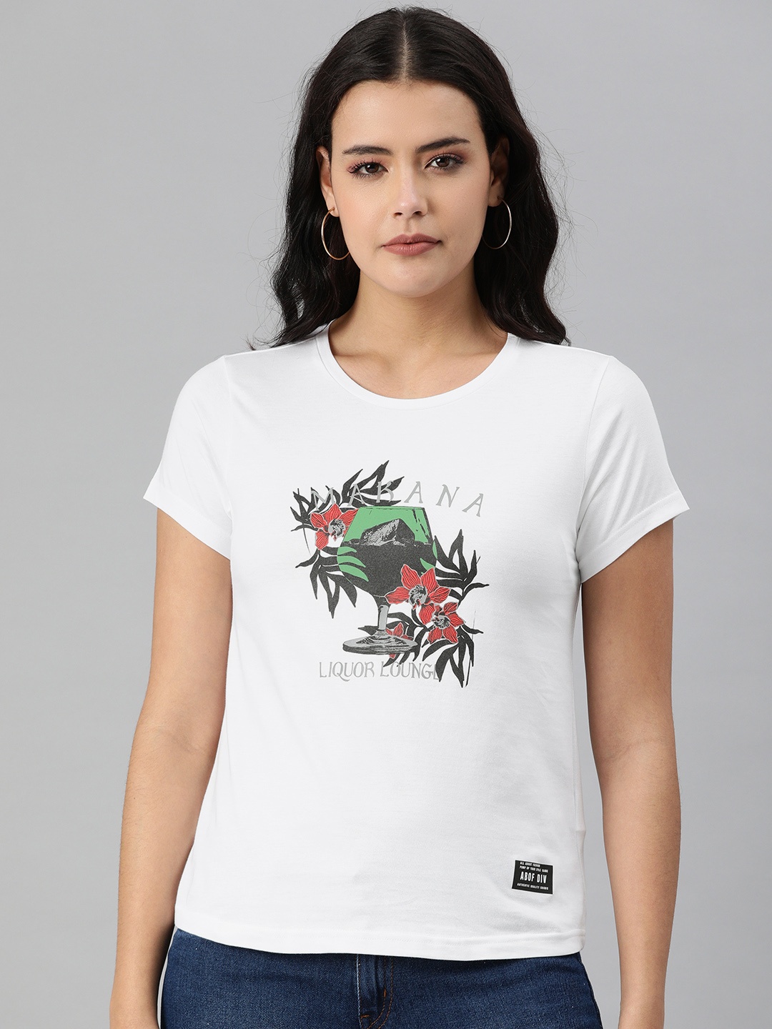 

abof Women White Printed Pure Cotton T-shirt