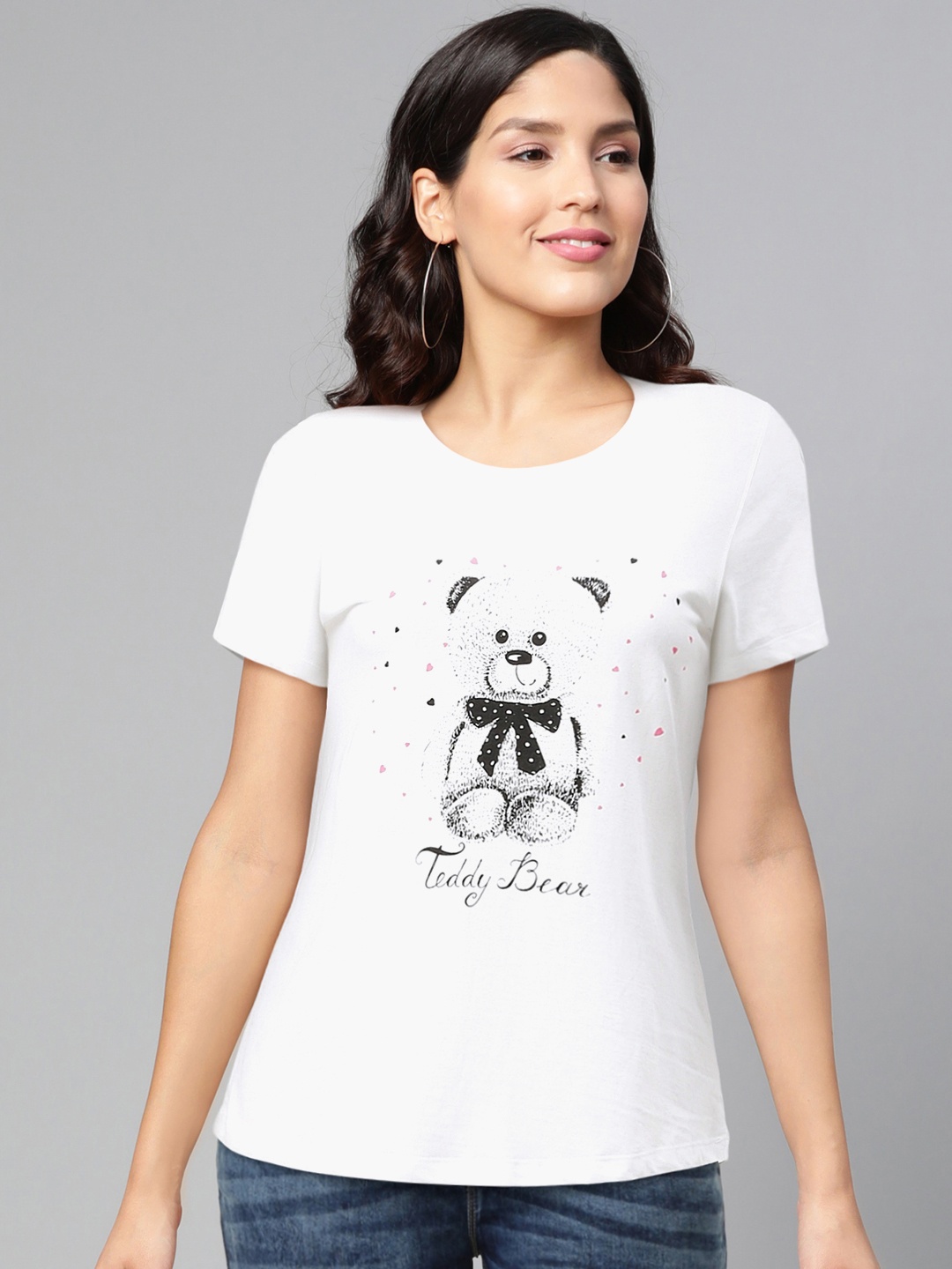

abof Women White Printed Pure Cotton T-shirt