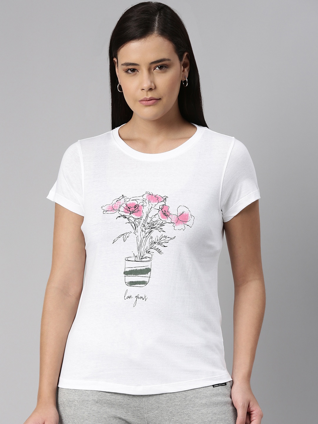 

abof Women White Floral Print Pure Cotton T-shirt