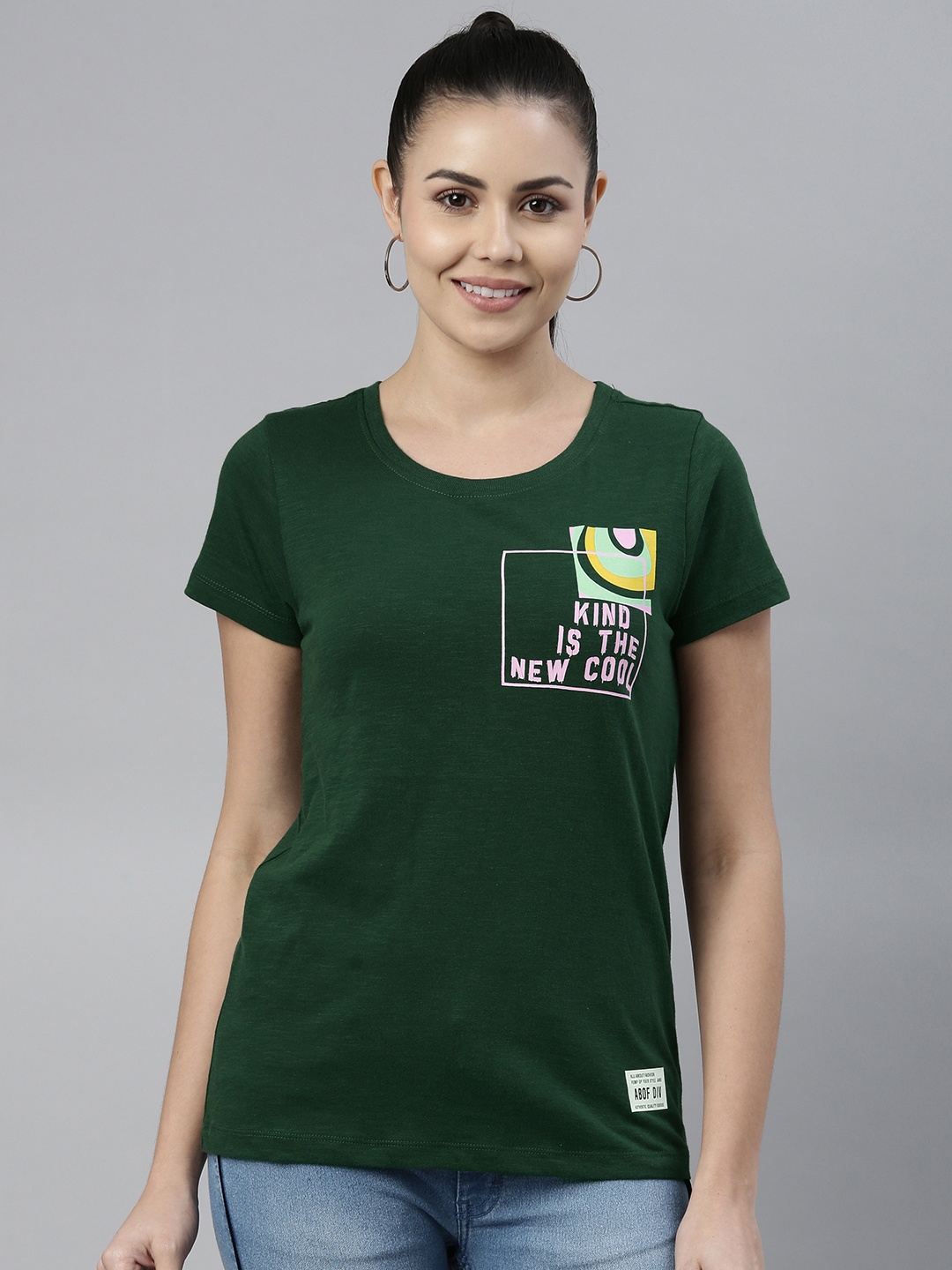 

abof Women Green Placement Printed Pure Cotton Casual T-shirt