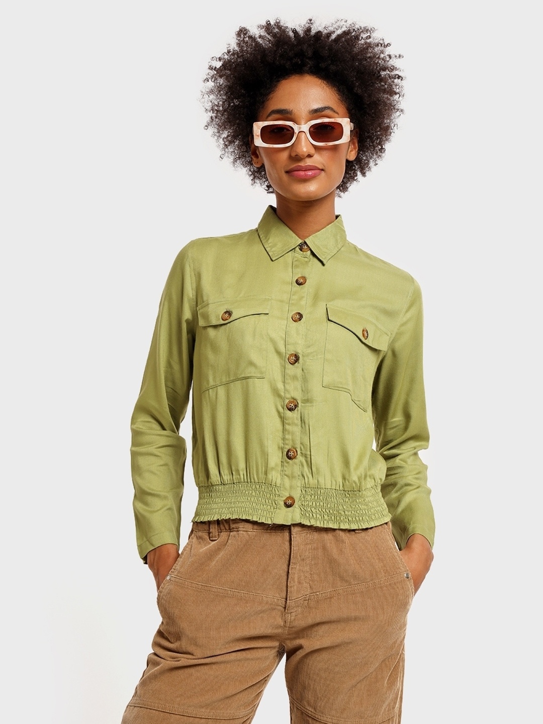 

Bewakoof Mandarin Collar Shirt Style Top, Green