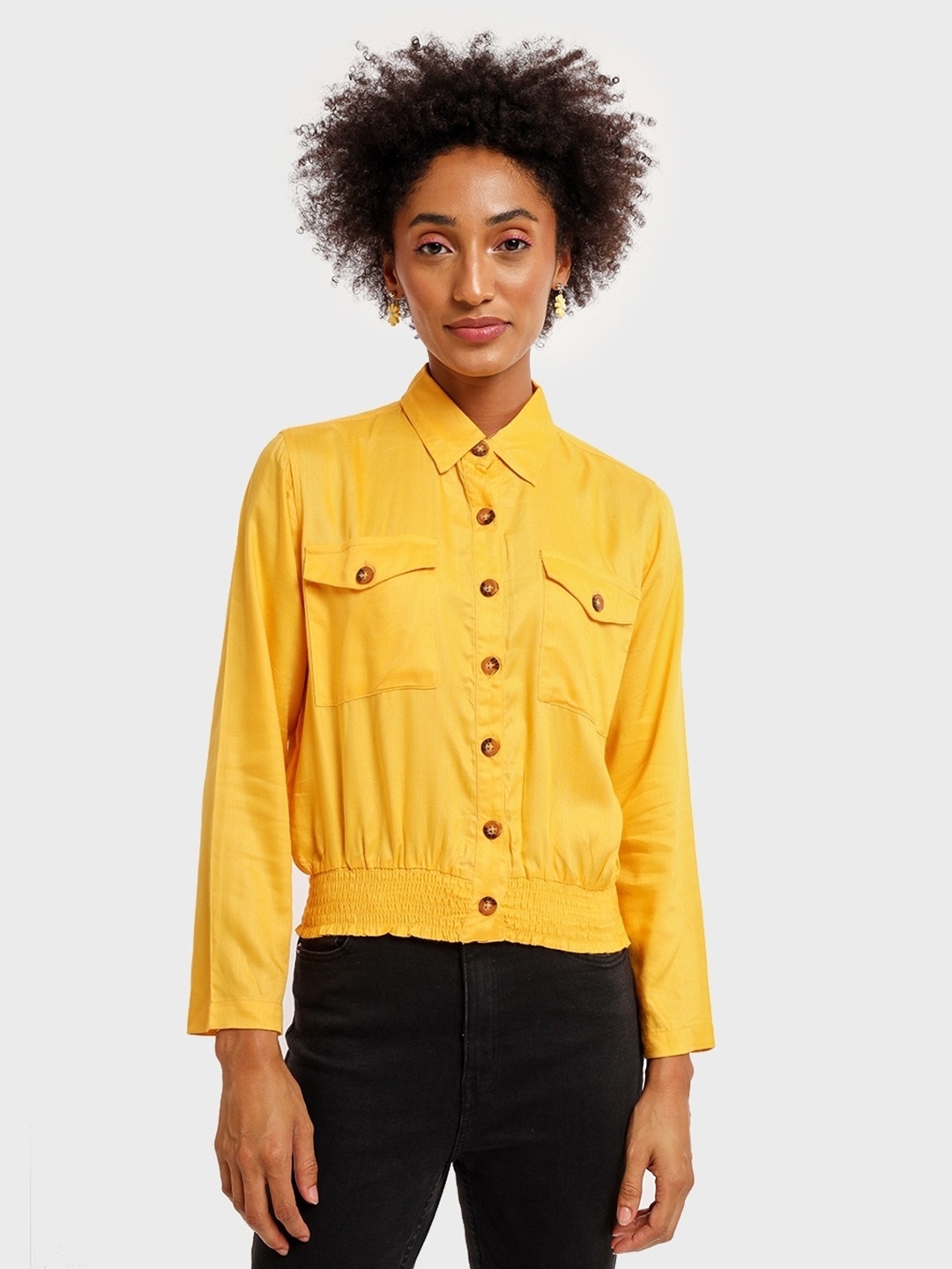 

Bewakoof Mandarin Collar Shirt Style Top, Yellow