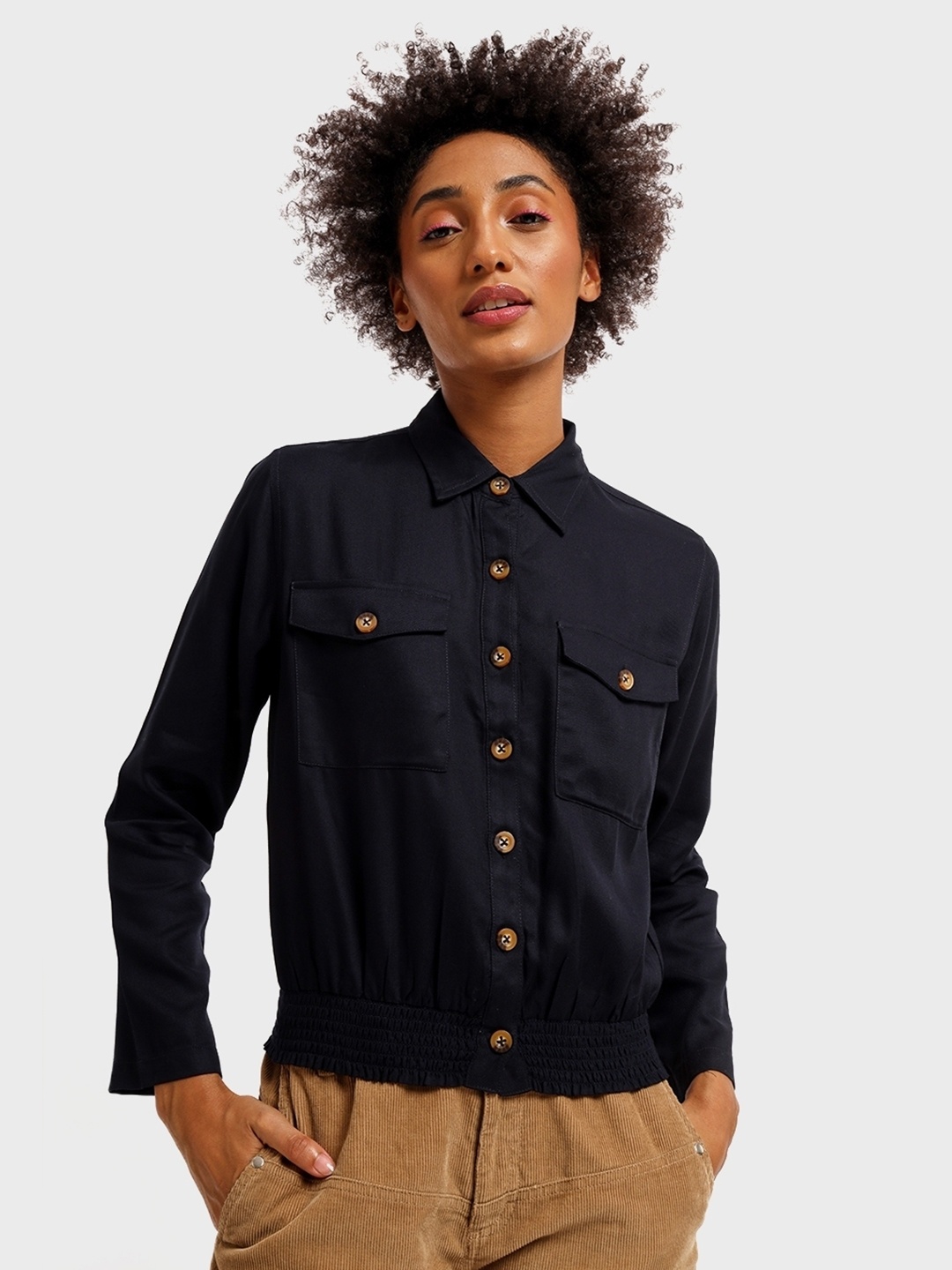 

Bewakoof Mandarin Collar Shirt Style Top, Navy blue