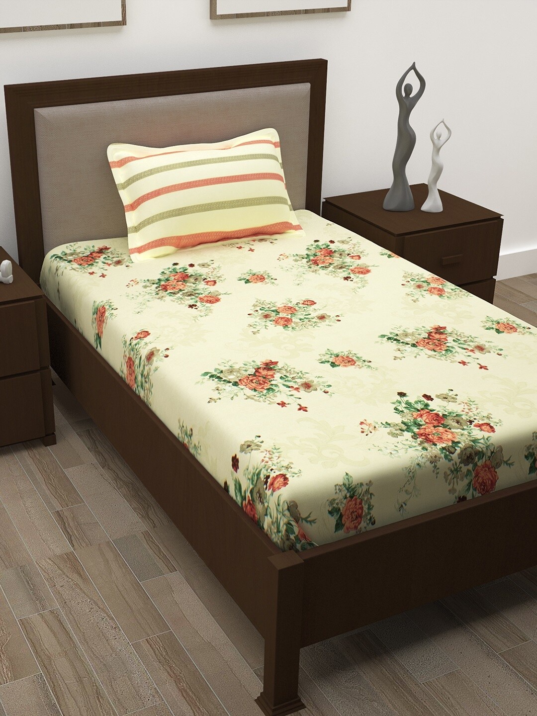 

Story@home Cream & Orange Floral 186 TC Single Bedsheet with 1 Pillow Covers