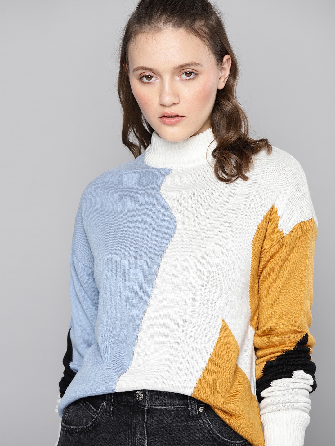

Kook N Keech Women Blue & White High Neck Colourblocked Pullover