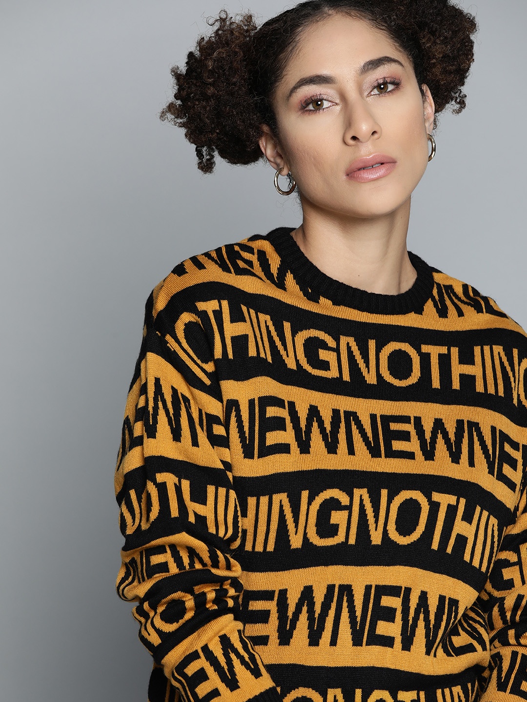 

Kook N Keech Women Mustard Yellow & Black Typographic Woven Design Pullover