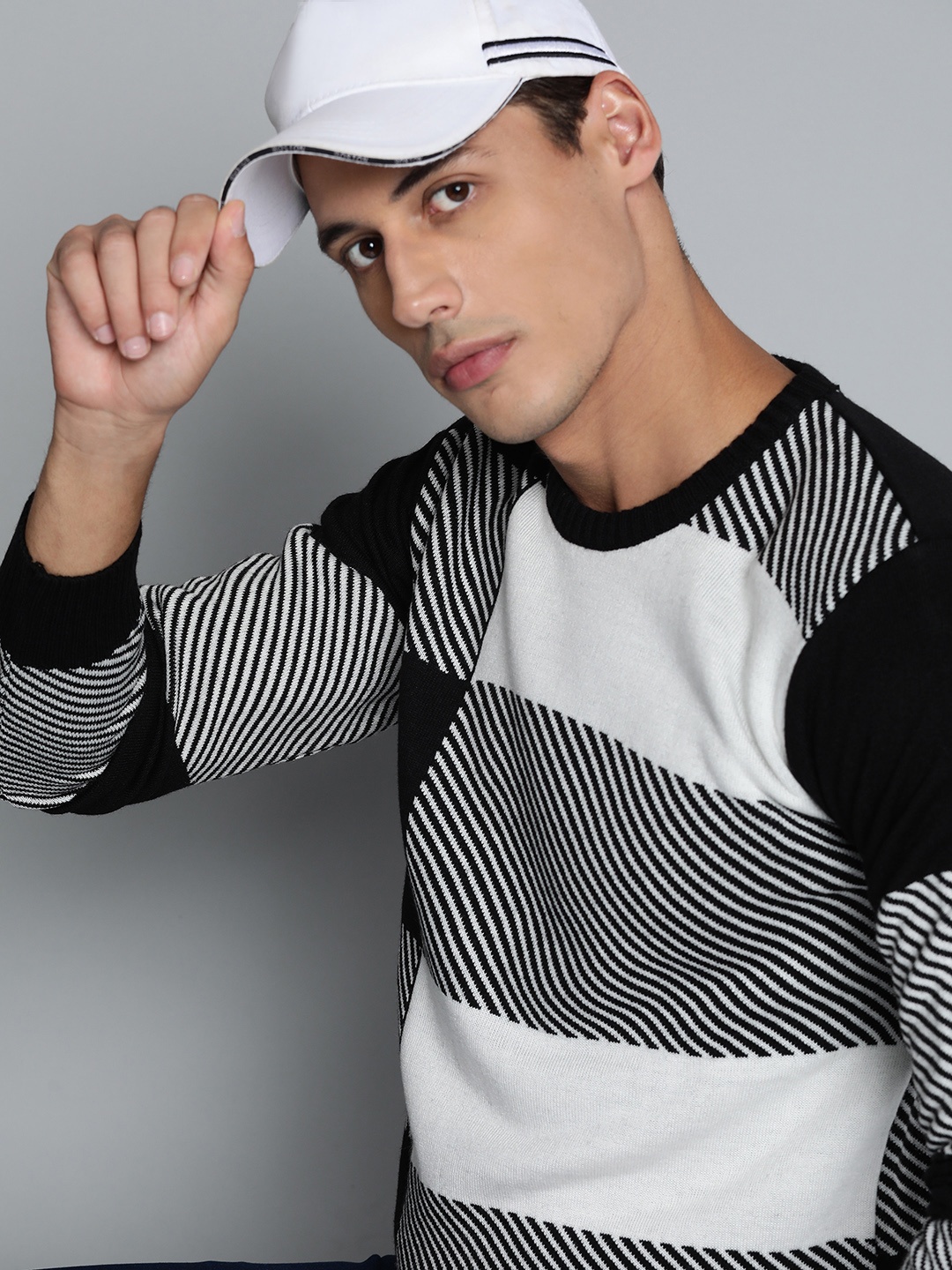 

Kook N Keech Men Black & White Striped Pullover
