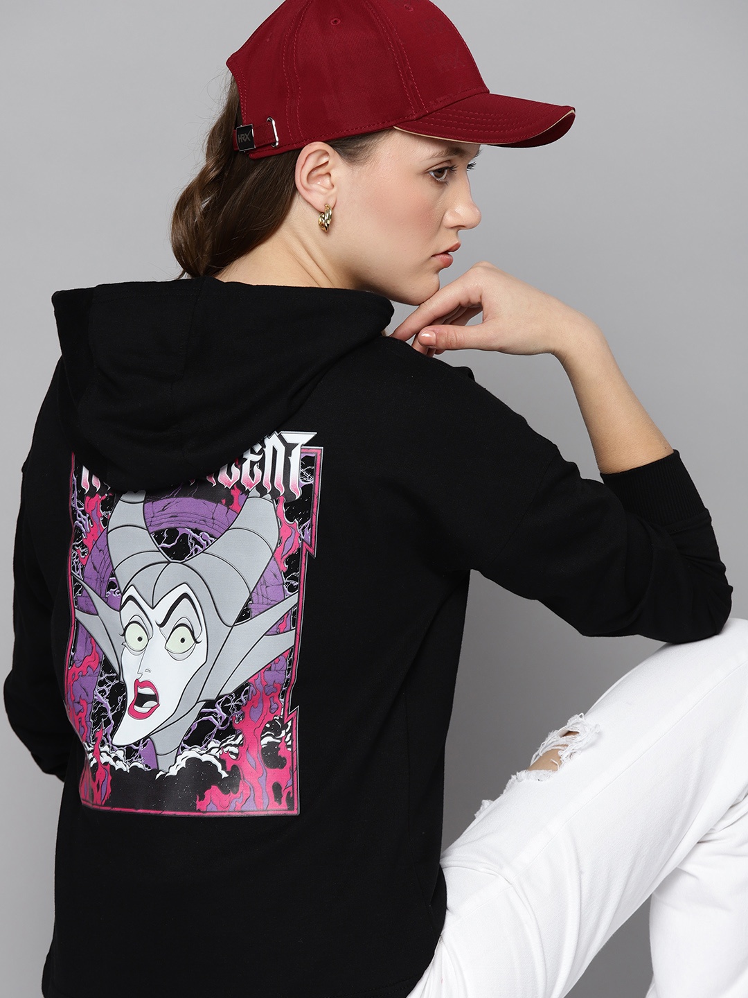 

Kook N Keech Disney Women Black & Purple Maleficent Back Print Hooded Sweatshirt